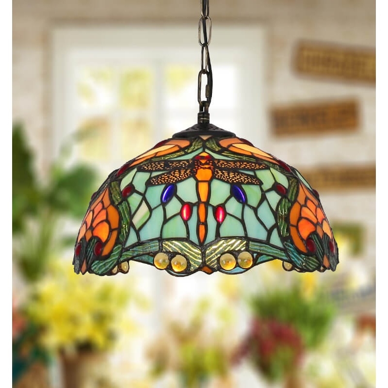 European Vintage Tiffany Stained Glass Metal 1-Light Pendant Light