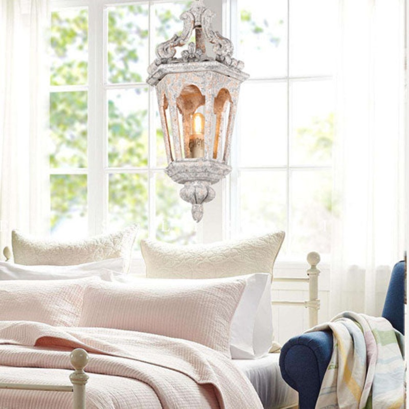 French Vintage Solid Wood Carved Hexagonal Cage 1-Light Pendant Light