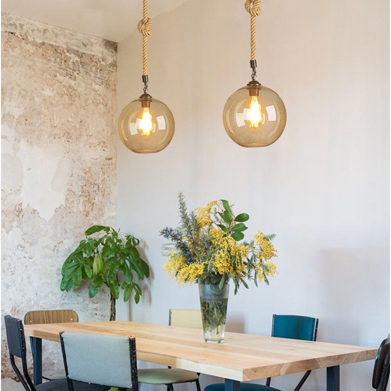 Industrial Vintage Glass Ball Rope Hanging 1-Light Pendant Light