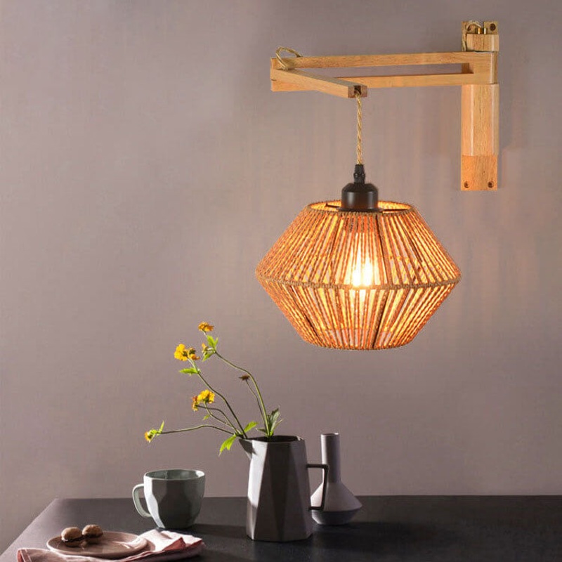 Vintage Simple Rope Weaving Lantern Cage Wood 1-Light Wall Sconce Lamp