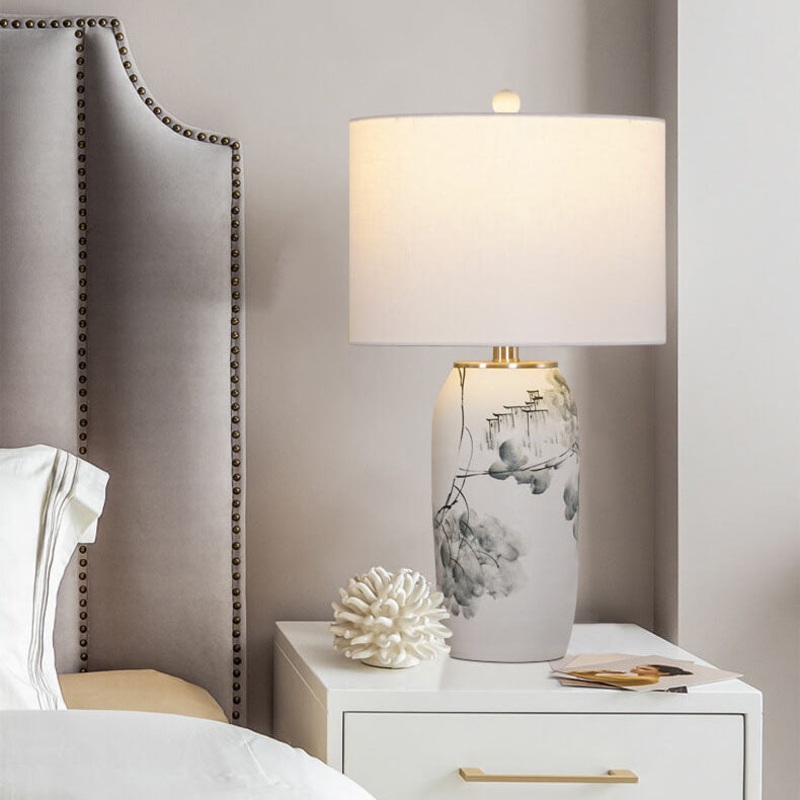 Modern Chinese Ink Painting Ceramic Fabric 1-Light Table Lamp