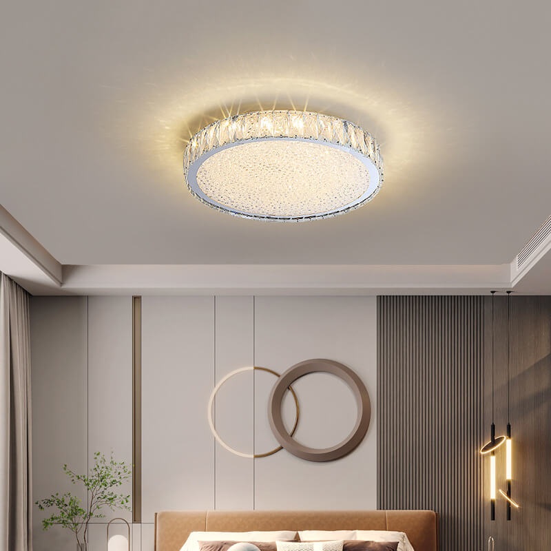 Modern Light Luxury Crystal Square Round Stainless Steel LED Flush Mount Ceiling Light