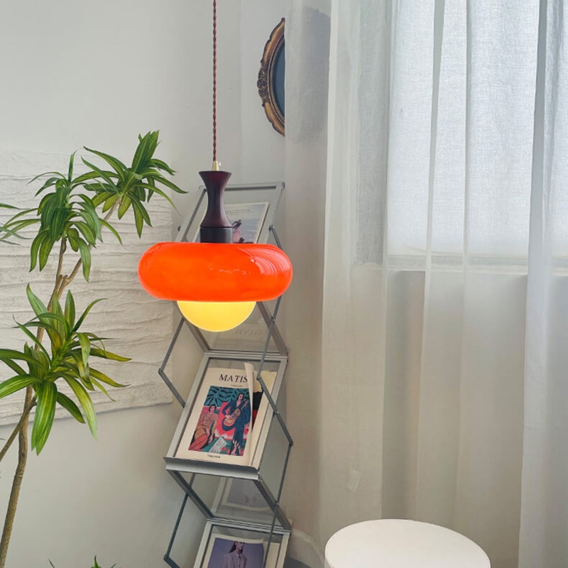 Nordic Vintage Caramel Cherry Glass Round Walnut 1-Light Pendant Light