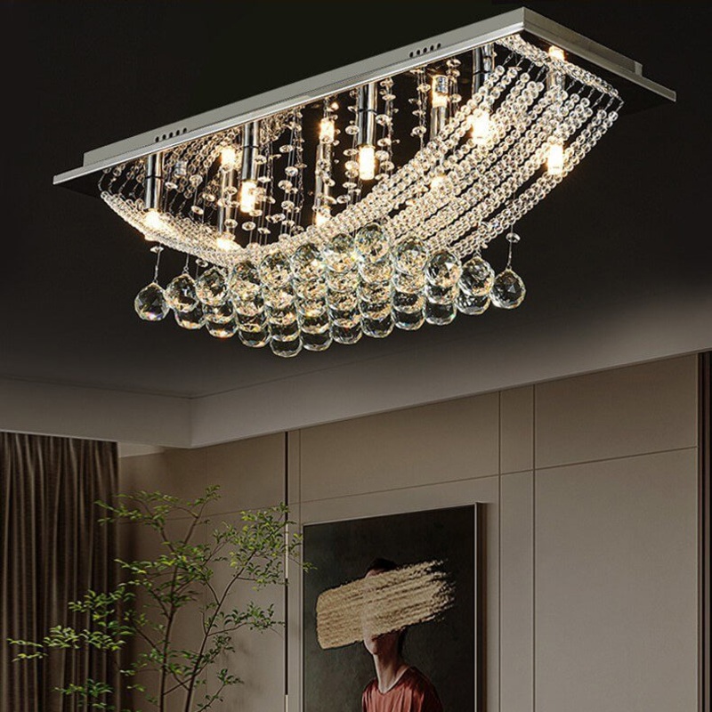 European Luxury Crystal Bead Curtain Rectangular Stainless Steel 8-Light Flush Mount Ceiling Light