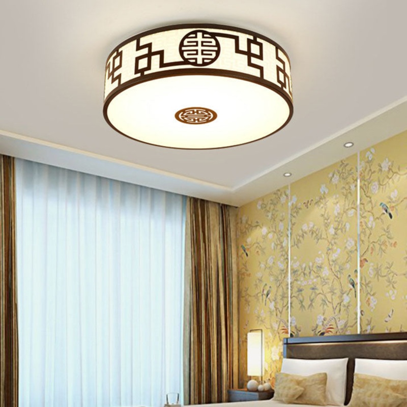 Modern New Chinese Round Fabric Drum LED Flush Mount Ceiling Light