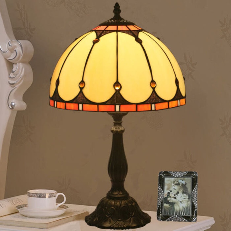 Vintage Tiffany Stained Glass Mediterranean Dome 1-Light Table Lamp