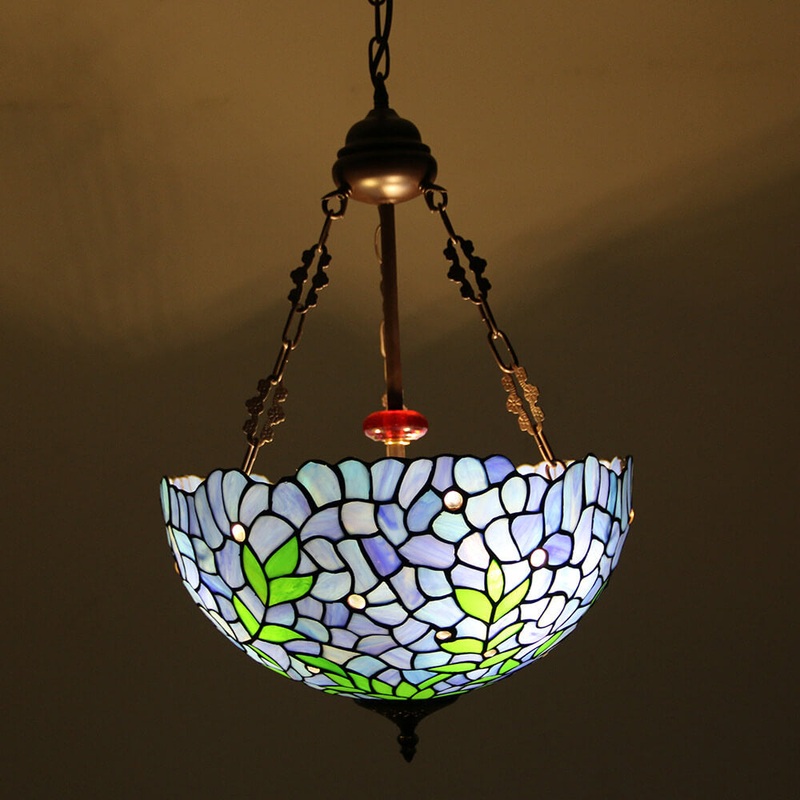 Vintage Tiffany Violet Stained Glass Round 3-Light Chandelier