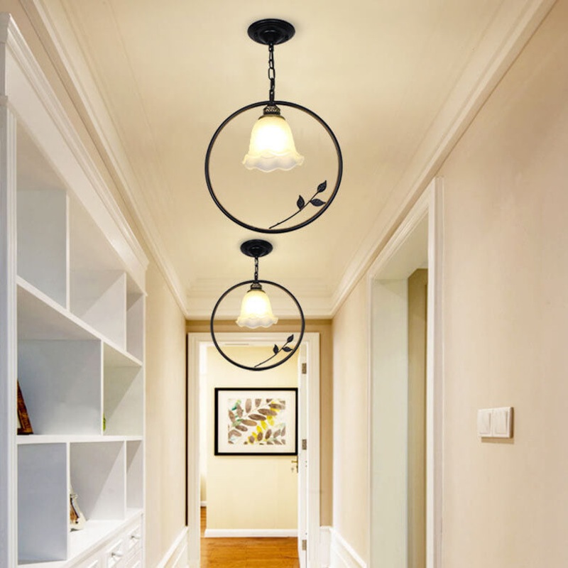 Creative Flower Bud Glass Shade Circle Ring Wrought Iron 1-Light Pendant Light