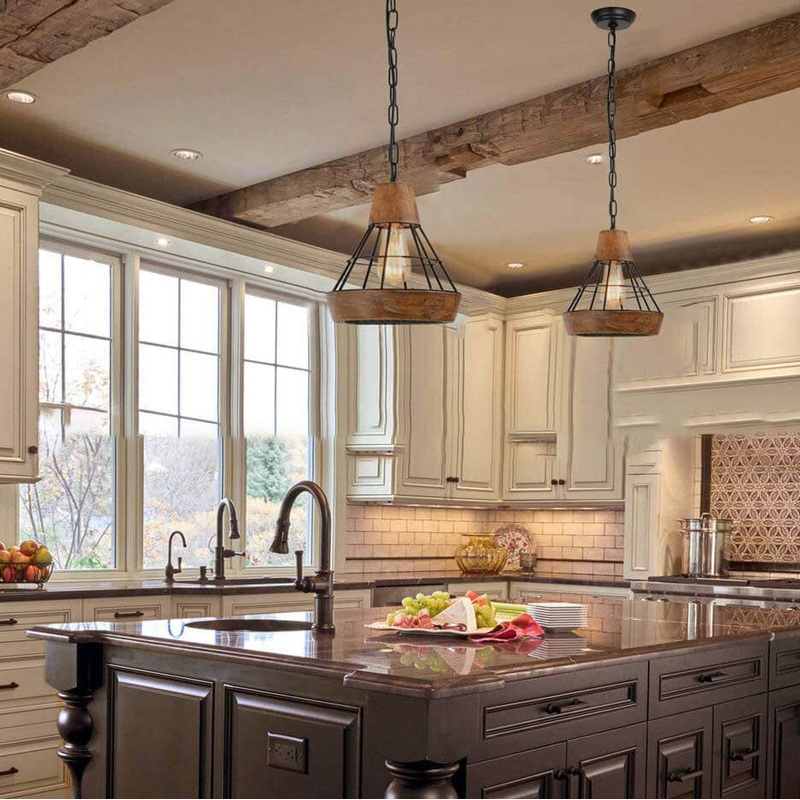 French Industrial Wrought Iron Wood Funnel Frame 1-Light Pendant Light