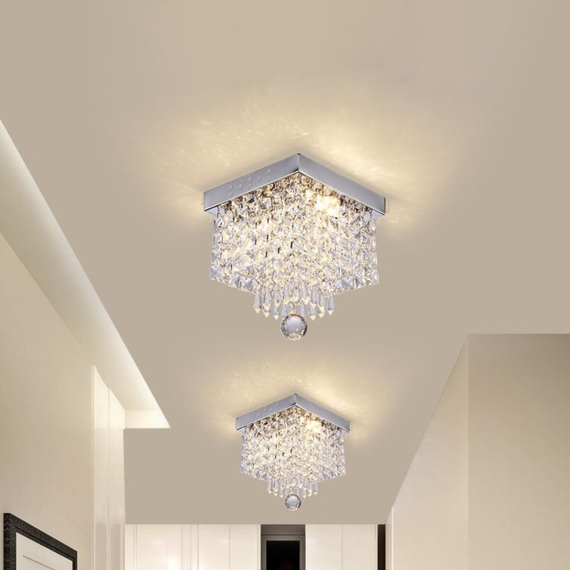 Modern Light Luxury Square Stainless Steel Crystal Lampshade LED Flush Mount Ceiling Light