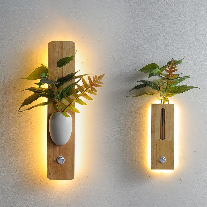 Modern Rubber Wood Rectangular Plants LED Wall Sconce Lamp