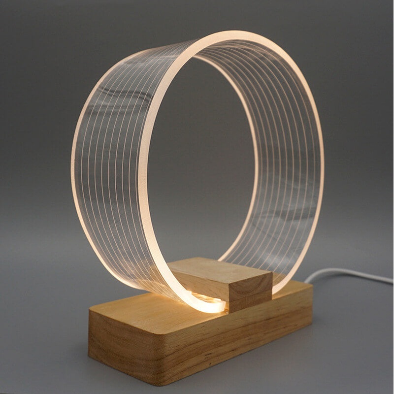 Nordic Minimalist High Translucent Acrylic Circle Ring Beech Wood Base LED Table Lamp