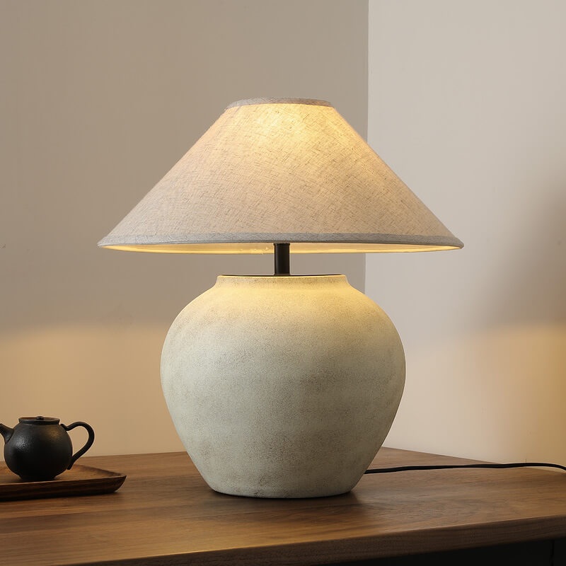 Wabi-sabi Modern Linen Fabric Cone Ceramic 1-Light Table Lamp