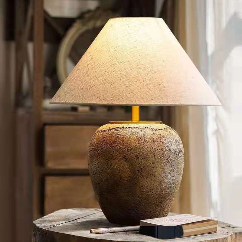 Chinese Vintage Fabric Ceramic Jar 1-Light Table Lamp