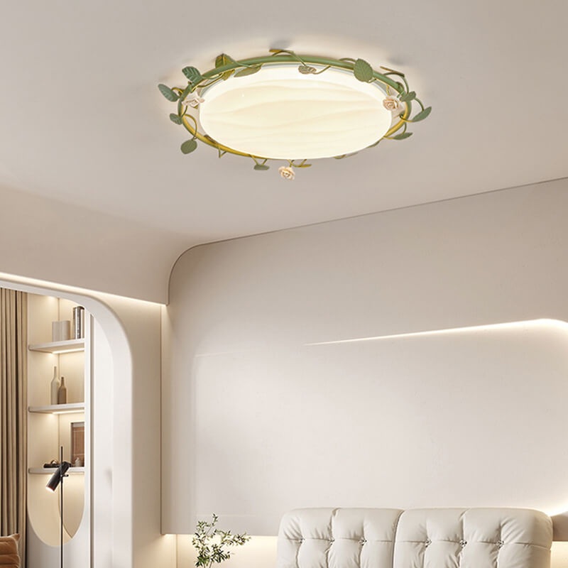 Modern Minimalist Disc Rose Rattan Wood Acrylic LED Flush Mount Ceiling Light