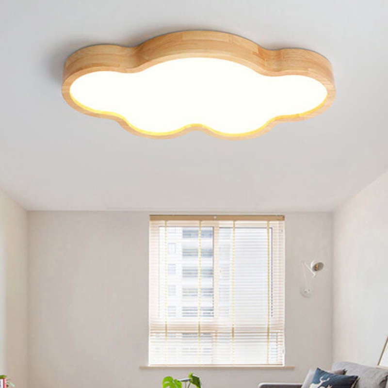 Scandinavian Modern Minimalist Clouds Stars Rubber Wood Acrylic LED Flush Mount Ceiling Light