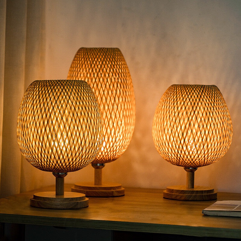 Chinese Minimalist Bamboo Weaving Oval Round 1-Light Table Lamp