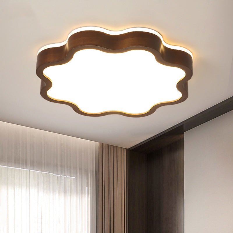 Contemporary Creative Cloud Shape Wood Grain Rubberwood Acrylic Shade LED Flush Mount Ceiling Light For Living Room
