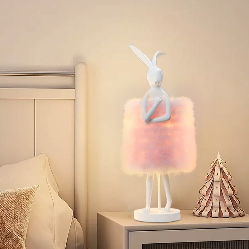 Contemporary Creative Rabbit Metal Feather Round 1-Light Table Lamp For Bedroom