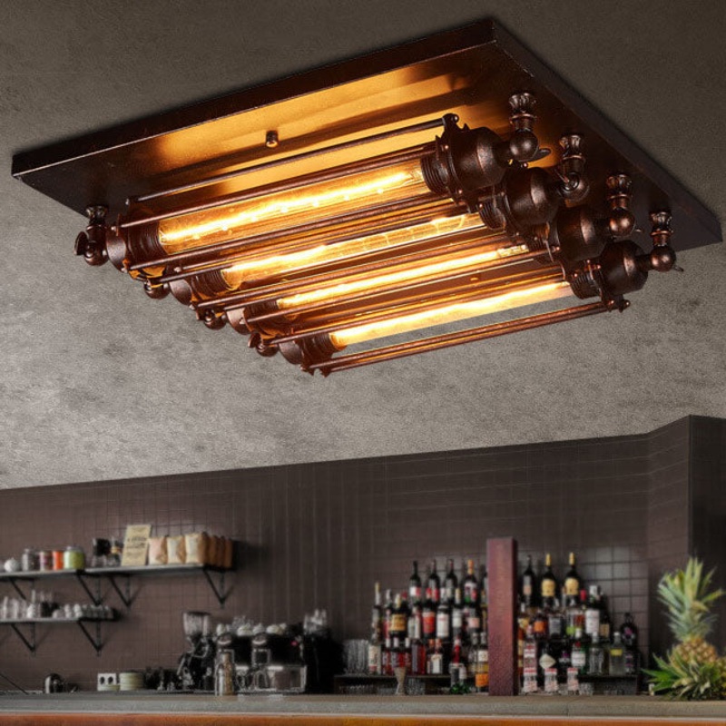 Nostalgic Industrial Iron Glass Strip 4-Light Flush Mount Ceiling Light
