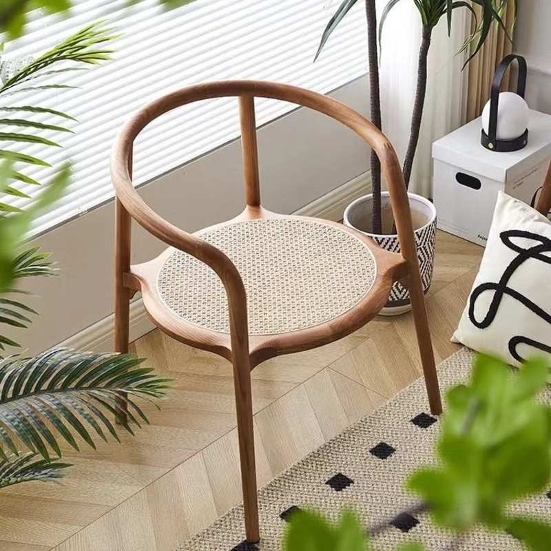 Traditional Chinese Round Ash Wood Rattan Dining Chair Backrest For Dining Room