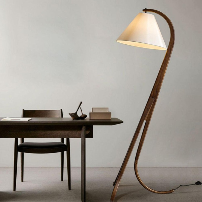 Traditional Japanese Conical Fabric Shade Arc Solid Wood 1-Light Standing Floor Lamp For Living Room