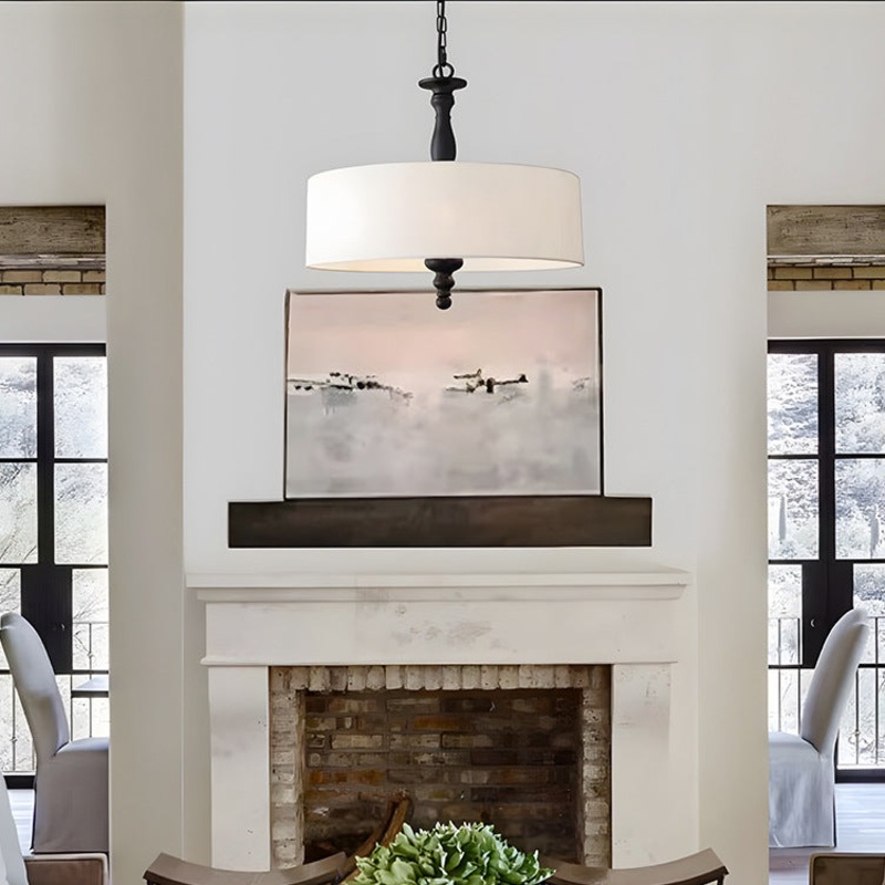 Traditional Japanese Fabric Cylinder Iron 1-Light Pendant Light For Living Room