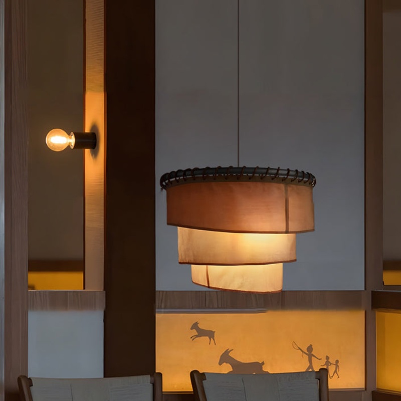 Traditional Japanese Multi-Layered Round Fabric Hardware 1-Light Pendant Light For Living Room