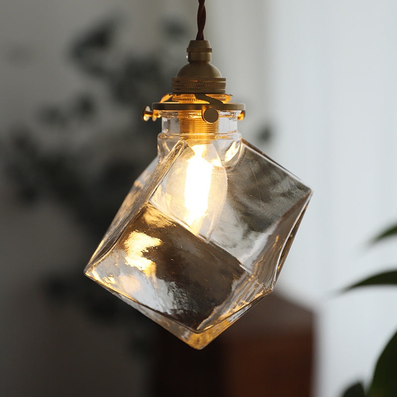 Traditional Japanese Square Ice Cube Glass Shade 1-Light Pendant Light For Living Room