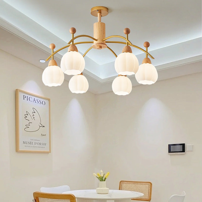 Contemporary Creative Branch Pumpkin Disc Cylinder Glass Rubberwood Iron 6/8/10 Light Chandelier For Living Room