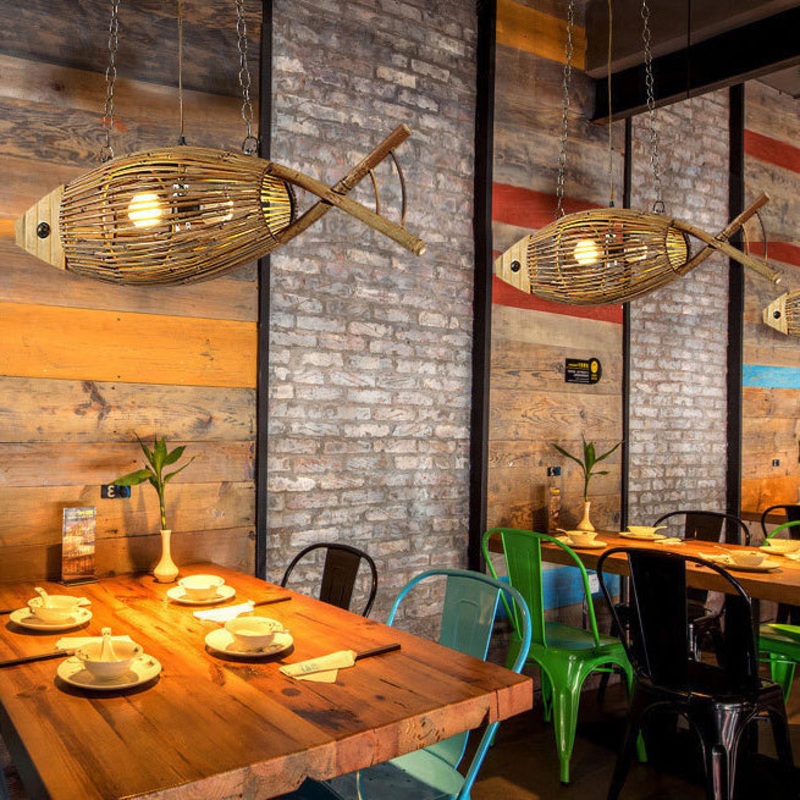 Contemporary Creative Fish Bamboo Solid Wood 2-Light Chandelier Island Light For Dining Room