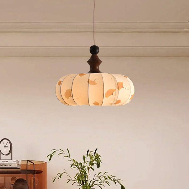 Contemporary Creative Ginkgo Leaf Pumpkin Shape Oval Ash Wood Fabric 3-Light Pendant Light For Dining Room