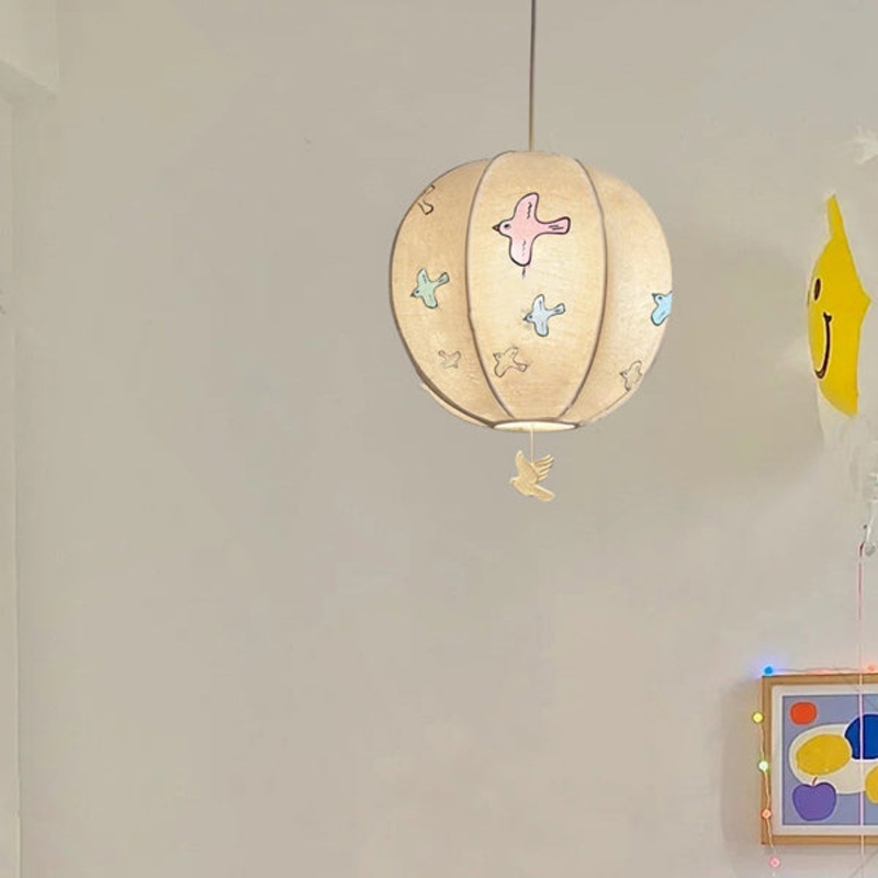 Contemporary Creative Kids Embroidery Peace Dove Round Hardware Fabric 1-Light Pendant Light For Bedroom