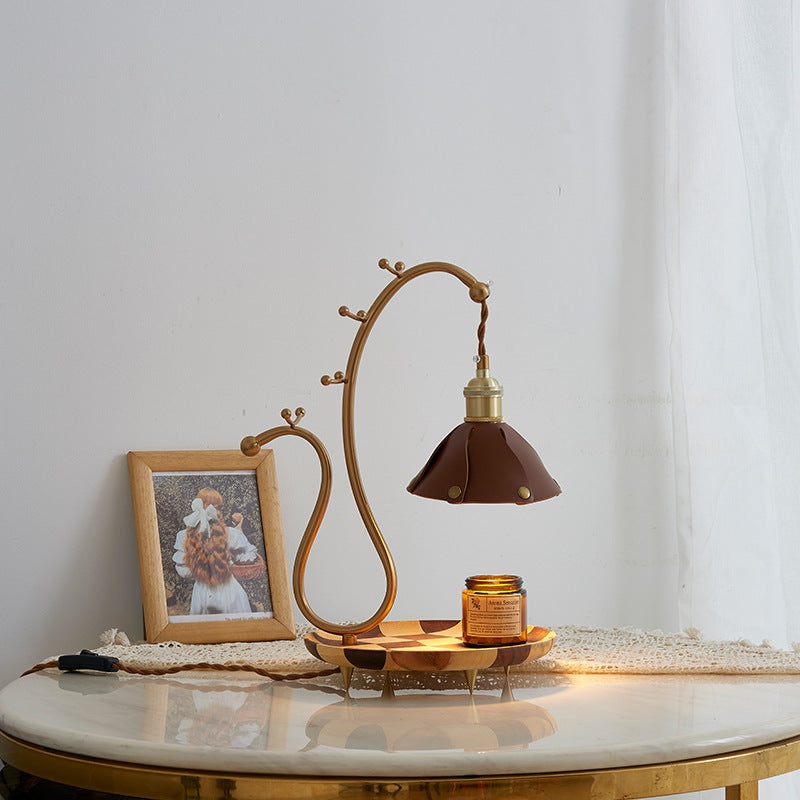 Contemporary Creative Round Rectangle Walnut Base Cone Leather Lampshade Copper 1 - Light Melting Wax Table Lamp For Bedroom