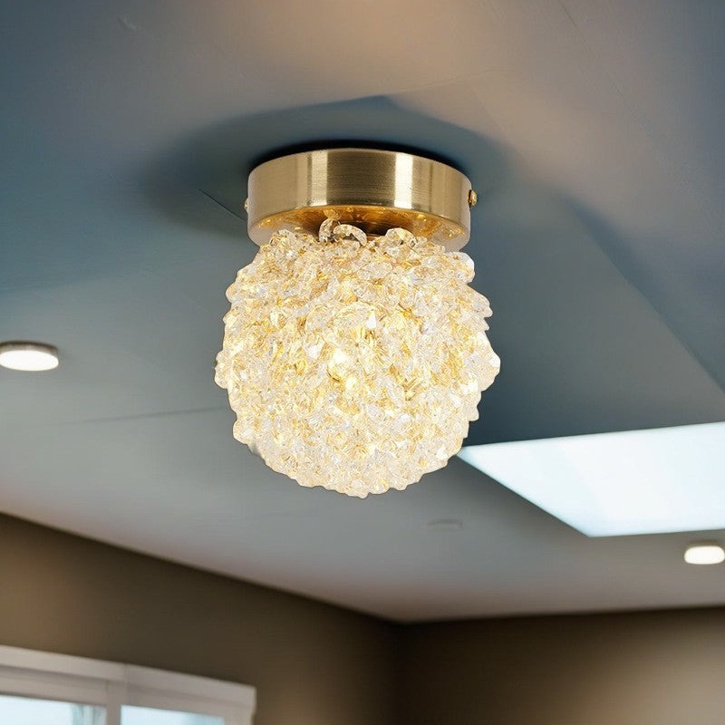 Contemporary Luxury Globe Iron Crystal 1-Light Semi-Flush Mount Ceiling Light For Living Room