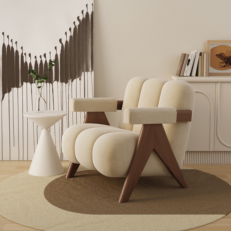 Contemporary Nordic Cream Square Wood Fabric Accent Chair Backrest Armrest For Living Room