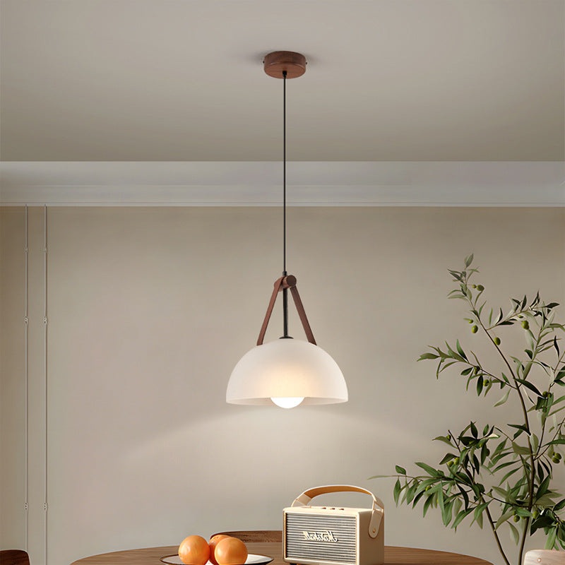 Contemporary Nordic Dome Semicircle Glass Lampshade Walnut Copper Leather 1/2/3 - Light Chandelier For Dining Room