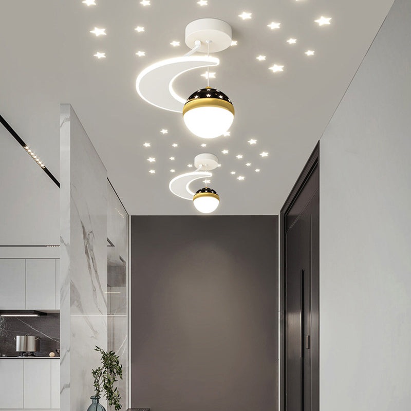 Contemporary Nordic Iron Acrylic Moon Star Ball Starry Sky Projection LED Semi-Flush Mount Ceiling Light For Hallway