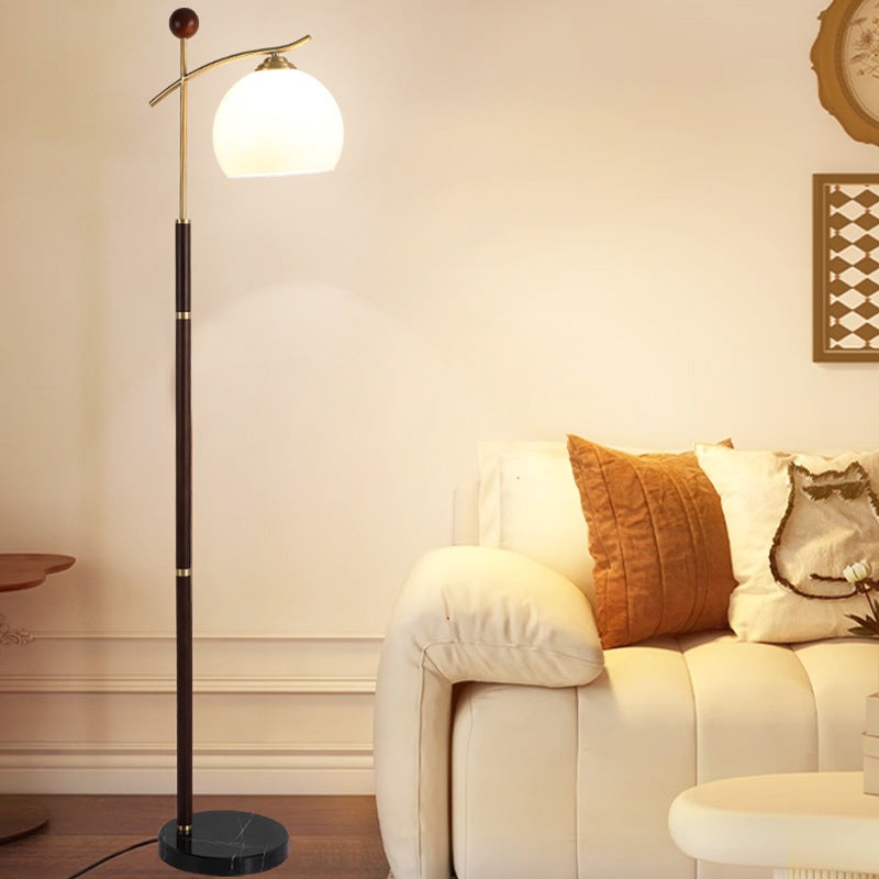 Contemporary Nordic Round Cone Pleated Rubberwood Copper Marble Glass PVC 1-Light Standing Floor Lamp For Living Room