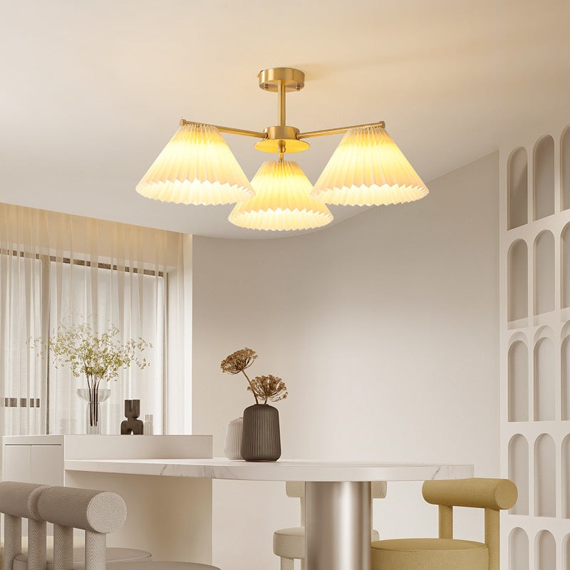 Contemporary Scandinavian Round Pleated Scalloped Branch Fabric Copper 3/5/8 Light Chandelier For Living Room