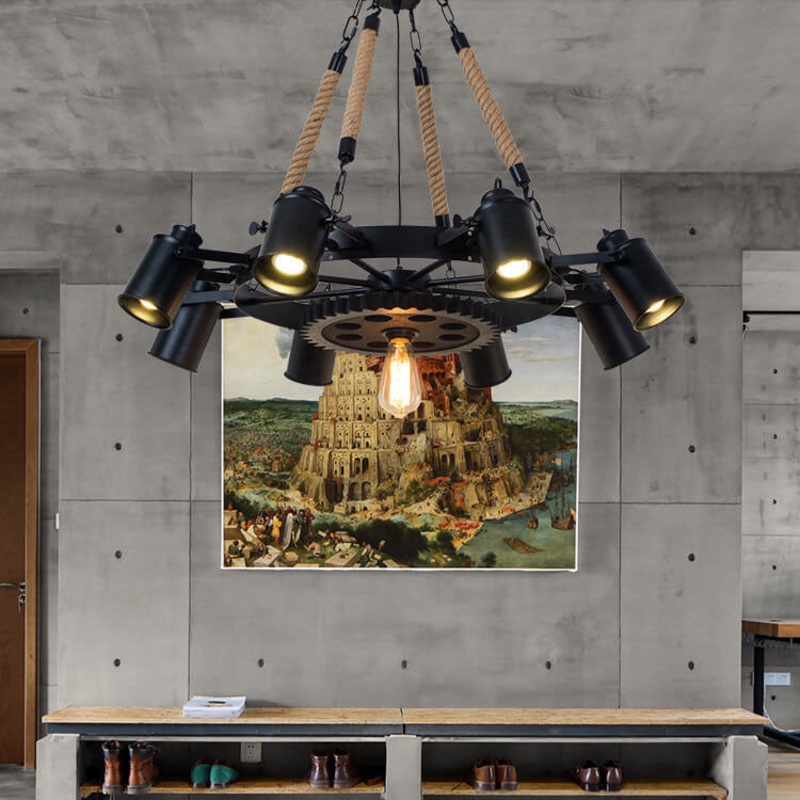 Industrial Retro Gear Wrought Ion Hemp Rope 6/8/10-Light Chandelier