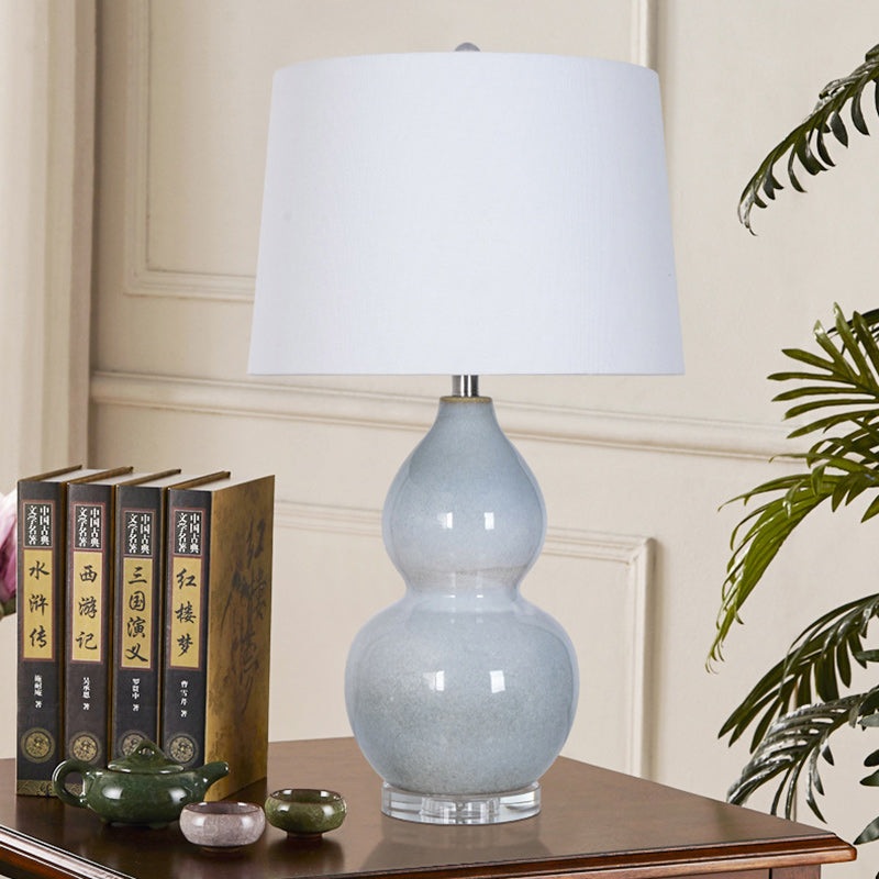 Traditional Chinese Ceramic & Crystal Gourd Base Round Fabric Shade 1-Light Table Lamp For Bedroom & Living Room
