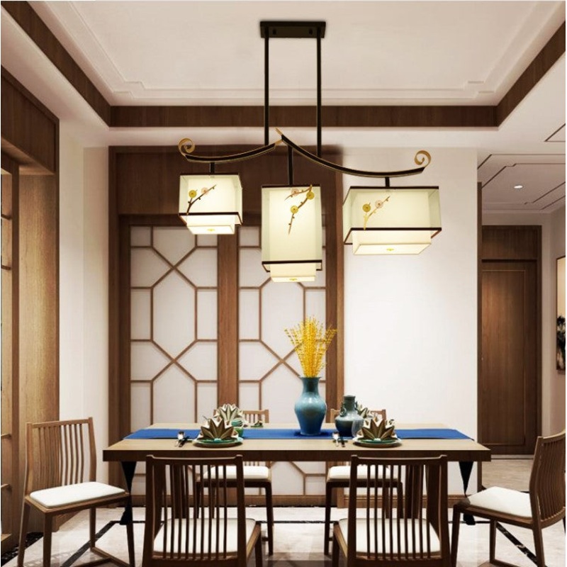 Traditional Chinese Square Cube Pattern Fabric Lampshade Iron 3 - Light Chandelier For Dining Room