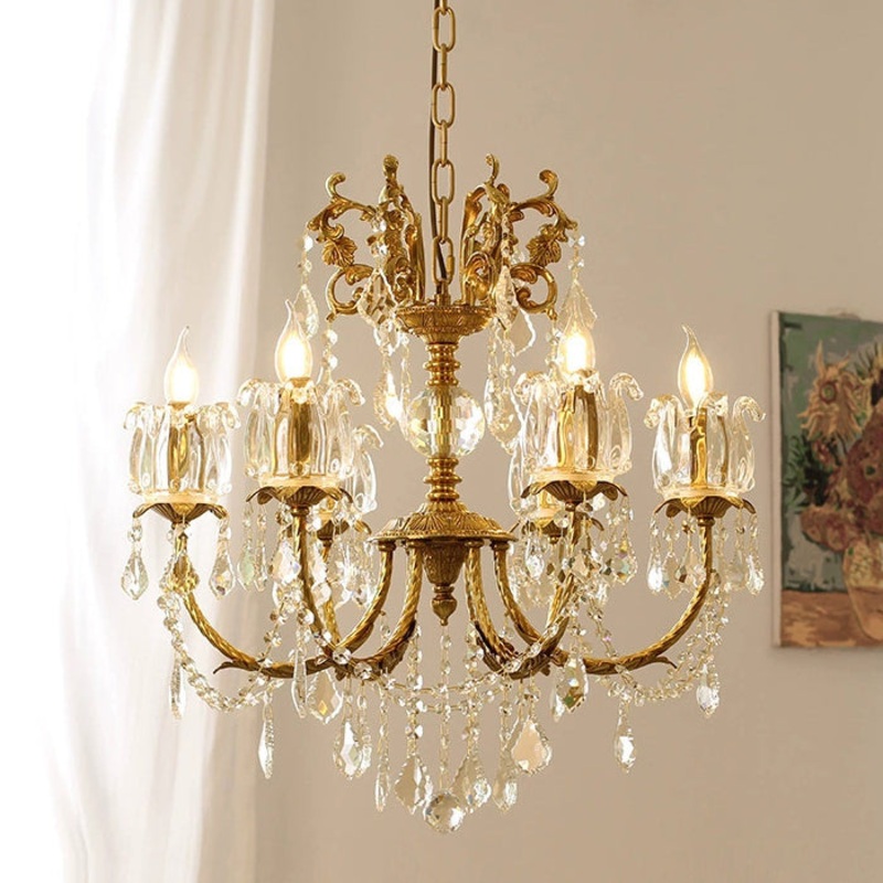 Traditional French Branch Curved Copper Crystal 6/8 Light Chandelier For Living Room
