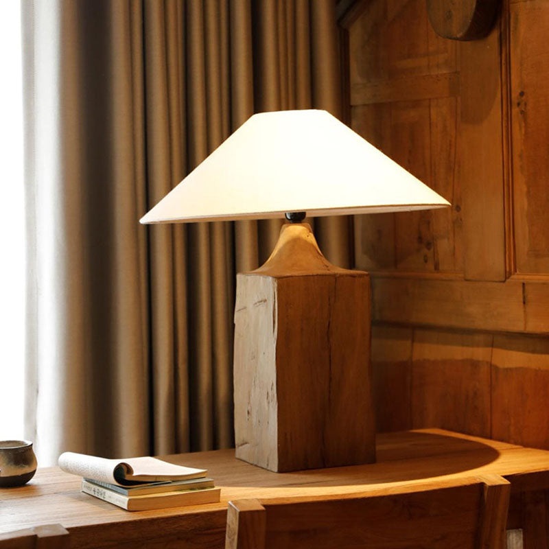 Traditional Japanese Cone Solid Wood Linen 1-Light Table Lamp For Bedroom