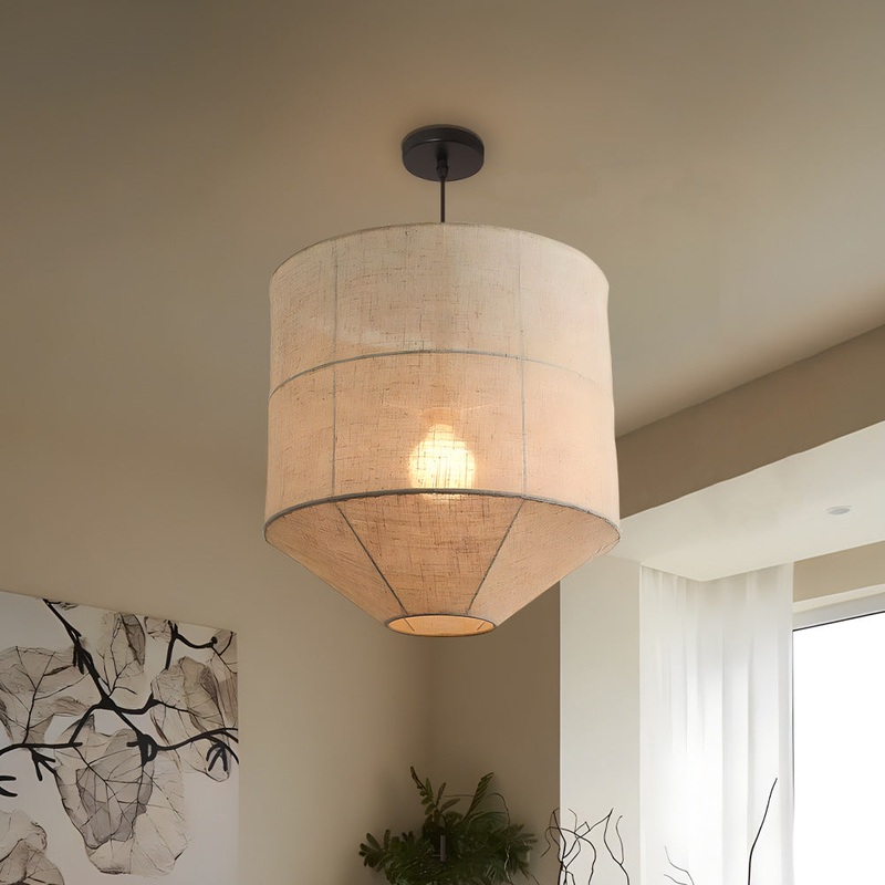 Traditional Japanese Zen Iron Fabric Cylinder Shade 1-Light Pendant Light For Living Room
