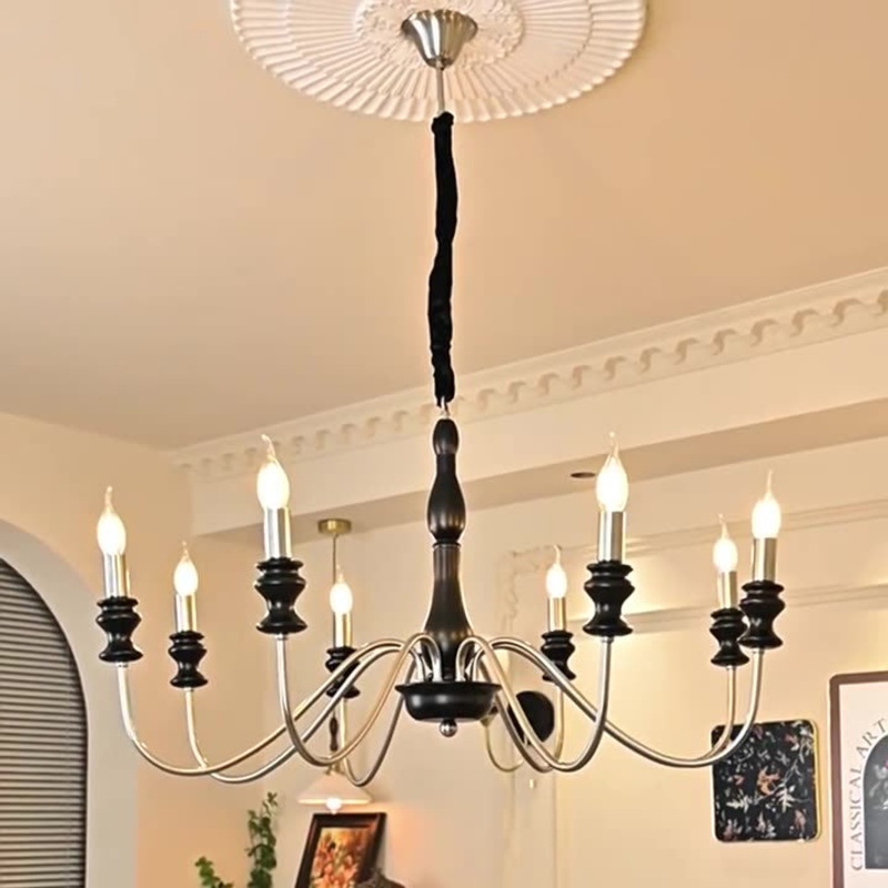 Traditional Vintage Candle Shape Ash Wood Alloy 6/8 Light Chandelier For Living Room