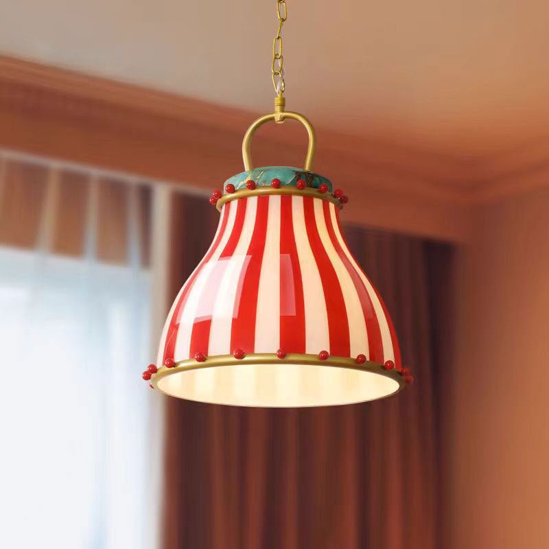 Contemporary Creative Circus Red & White Striped Glass Round Shade Iron 1-Light Pendant Light For Living Room
