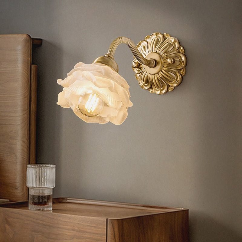 Contemporary Creative Floral Copper Glass 1-Light Wall Sconce Lamp For Bedroom