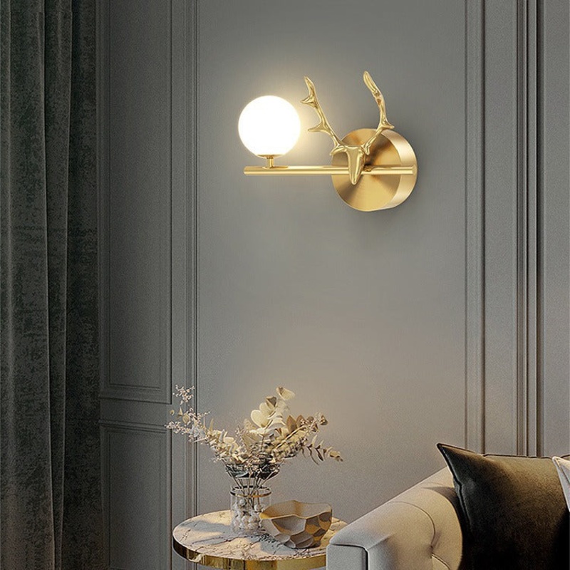 Contemporary Creative Glass & Copper Deer Antler Shape 1-Light Wall Sconce Lamp For Bedroom & Living Room